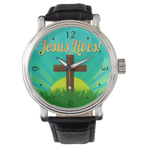 Jesus Lives Blue/Brown Christian Easter Cross Watch