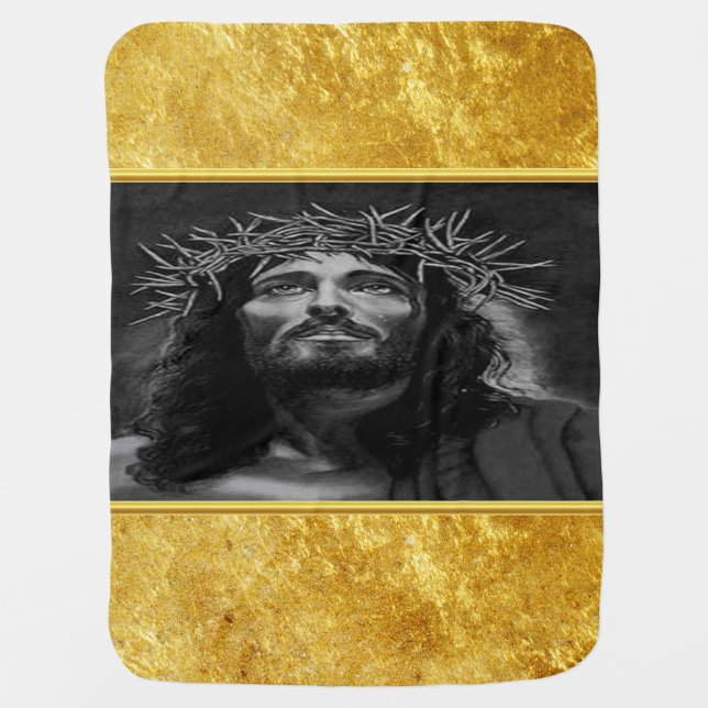 Jesus looking into heaven with a gold foil design baby blanket (Front)