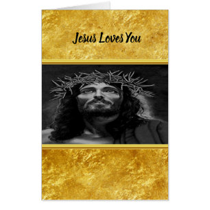 Jesus looking into heaven with a gold foil design card