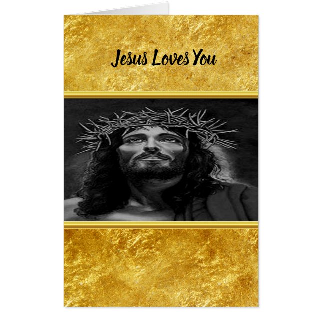 Jesus looking into heaven with a gold foil design card (Front)