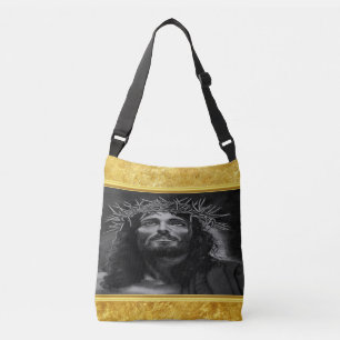 Jesus looking into heaven with a gold foil design crossbody bag