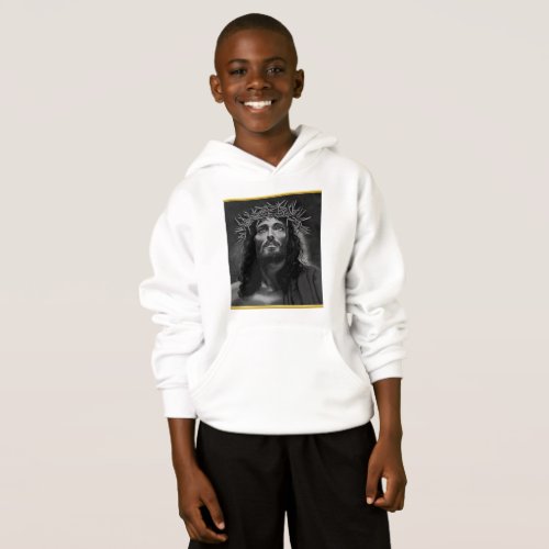 Jesus looking into heaven with a gold foil design hoodie