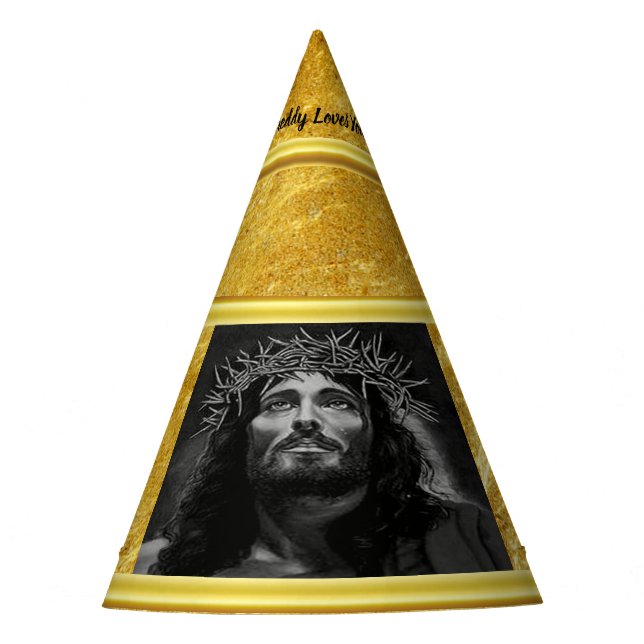 Jesus looking into heaven with a gold foil design party hat (Front)