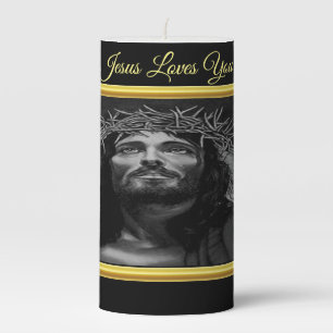 Jesus looking into heaven with a gold foil design pillar candle
