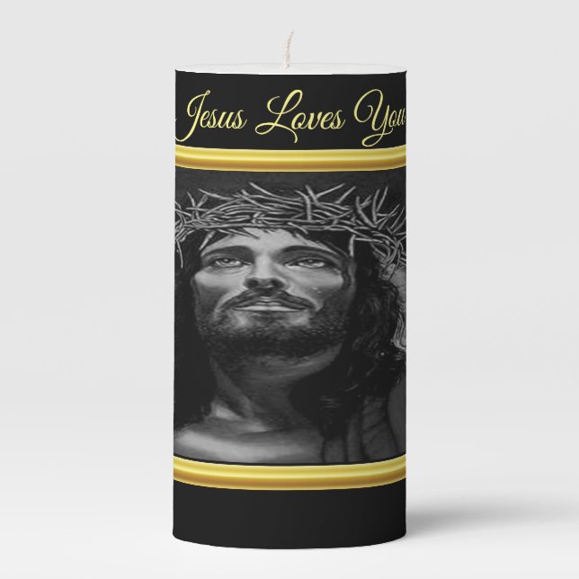 Jesus looking into heaven with a gold foil design pillar candle (Front)