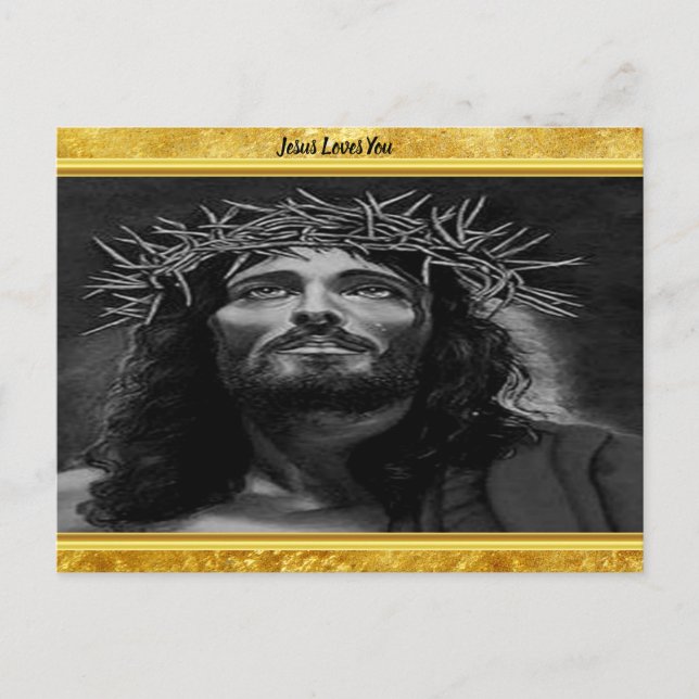 Jesus looking into heaven with a gold foil design postcard (Front)