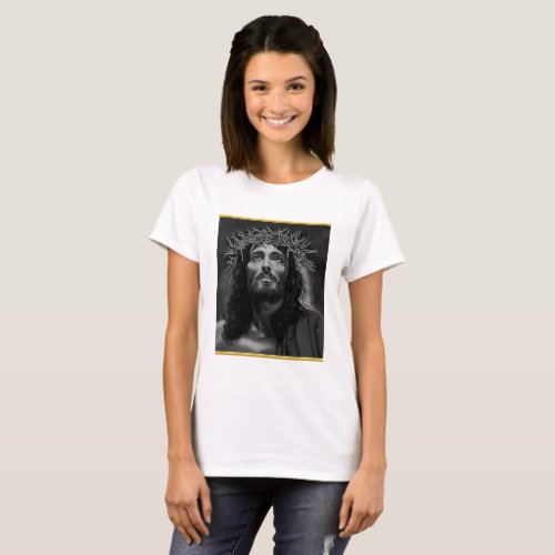 Jesus looking into heaven with a gold foil design T_Shirt