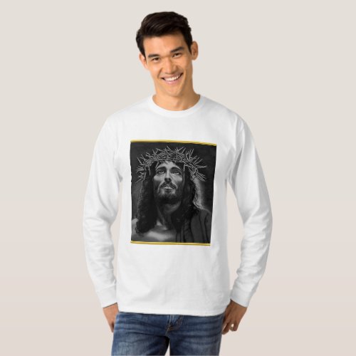 Jesus looking into heaven with a gold foil design T_Shirt