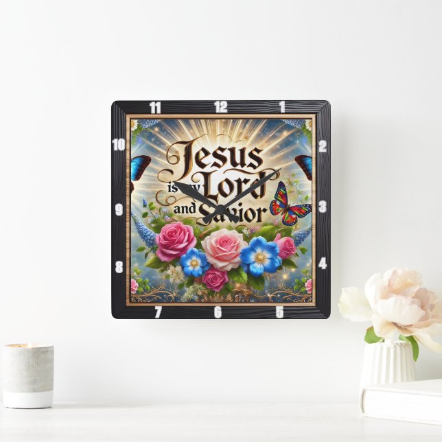 Jesus Lord Savior Floral Butterflies Square Wall Clock (Home)