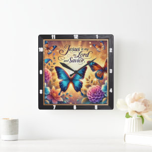 Jesus Lord Savior Golden Butterflies Square Wall Clock