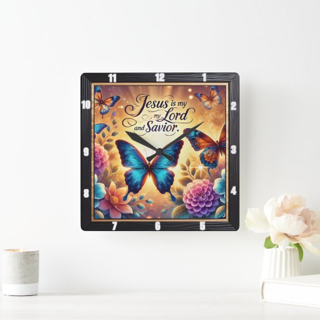 Jesus Lord Savior Golden Butterflies Square Wall Clock (Home)