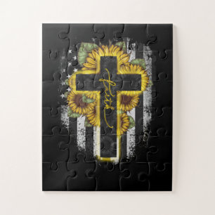 Jesus Love Faith Christian Sunflower USA Flag Jigsaw Puzzle