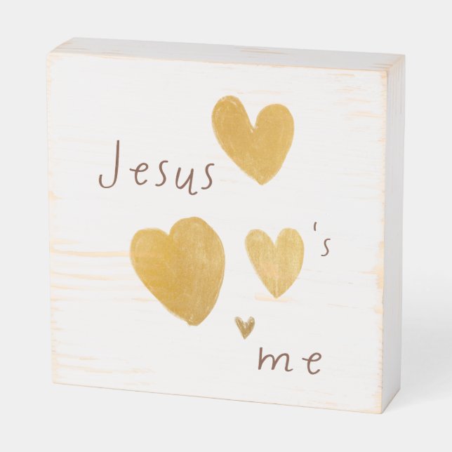 Jesus love me. Wood Box Sign. modern gold hearts (Angled Horizontal)