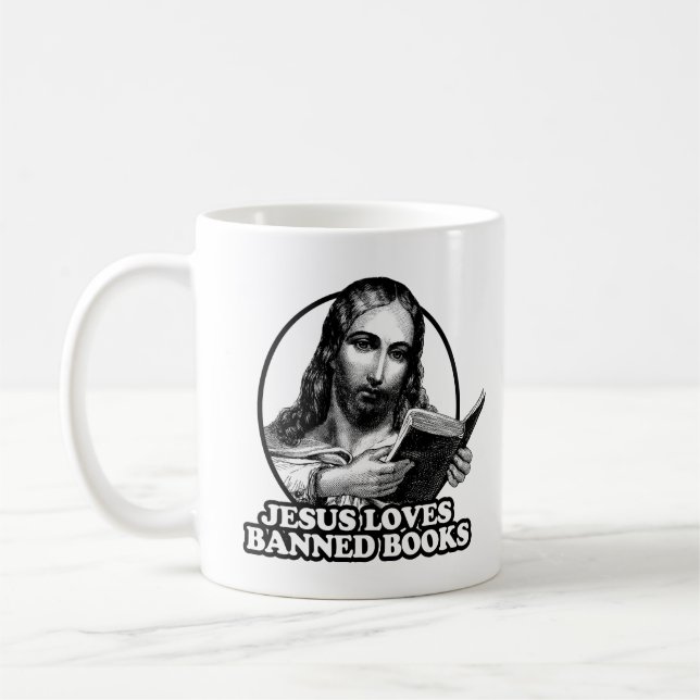 Jesus loves banned books coffee mug (Left)