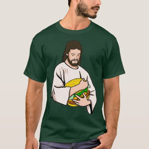 Jesus Loves Burgers Jesus Holding A Burger T_Shirt