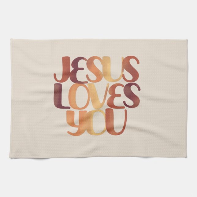 Jesus Loves Christian Typography Design  Kitchen Towel (Horizontal)