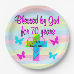 JESUS LOVES ME 70TH BIRTHDAY PAPER PLATES