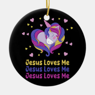 Jesus Loves Me Christian Bible Rainbow Unicorn Chr Ceramic Ornament