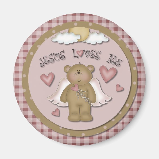 Jesus Loves Me Christian Teddy Bear Angel Magnet (Front)