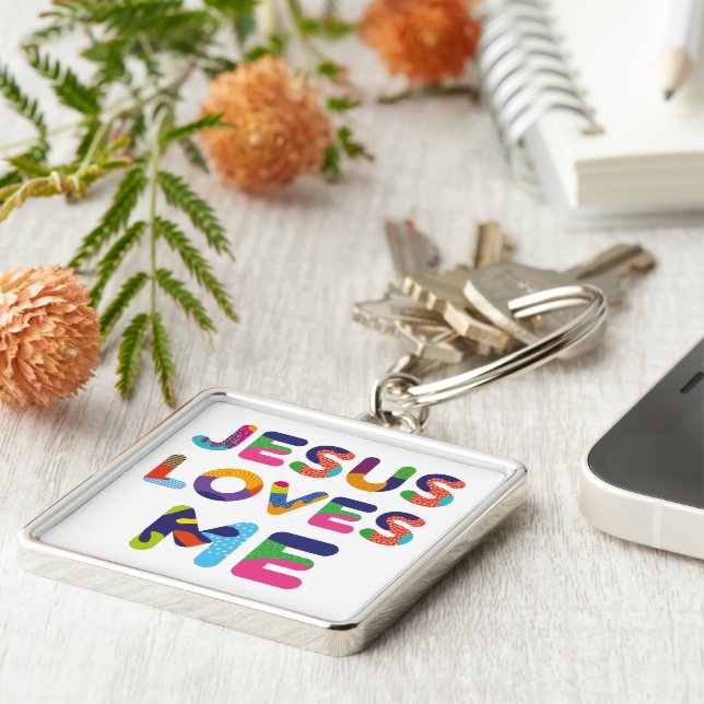 Jesus Loves Me Colorful Text Art Keychain (Side)