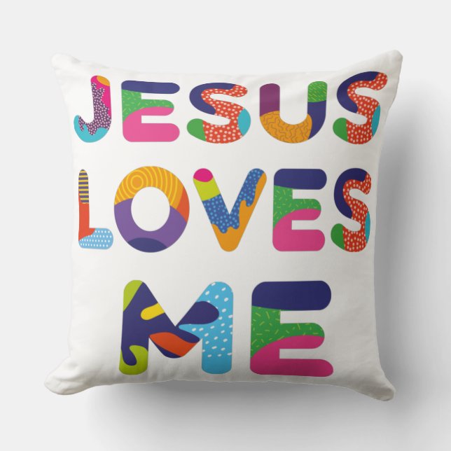 Jesus Loves Me Colorful Text Art Throw Pillow (Front)