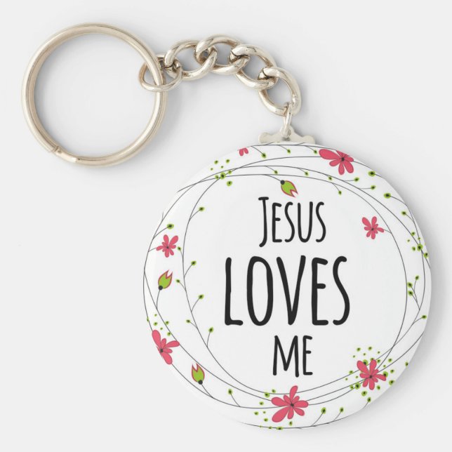 Jesus Loves Me Cross Wreath Floral White Keychain (Front)