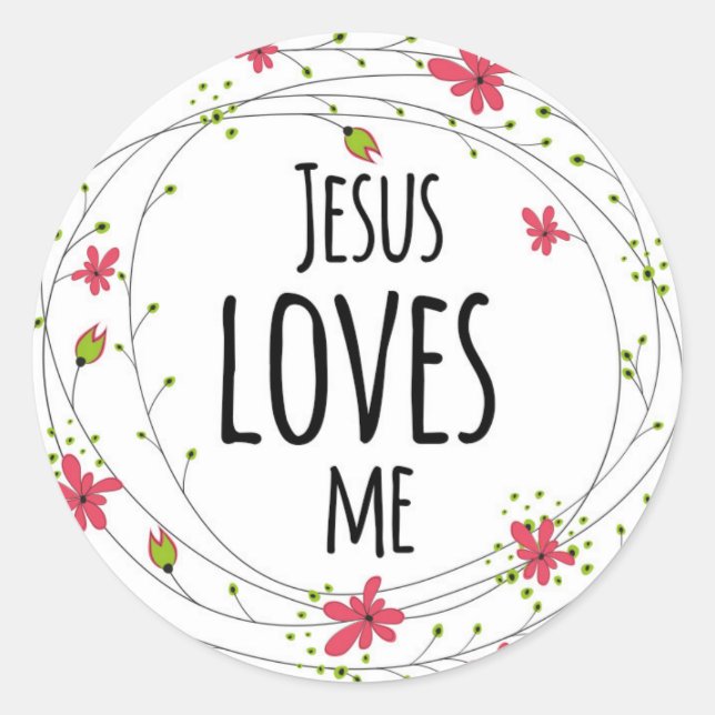 Jesus Loves Me Cross Wreath Floral White Sticker (Front)