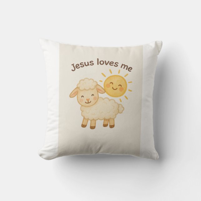 Jesus Loves Me – Cute Lamb and Sun Throw Pillow (Front)