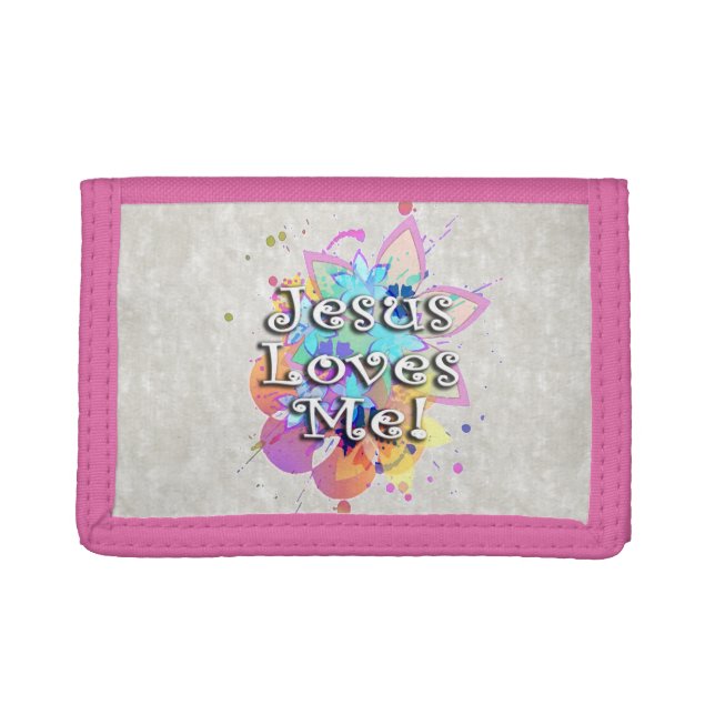 Jesus Loves Me Rainbow Watercolor Trifold Wallet (Front)