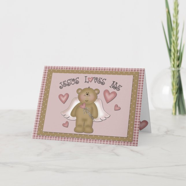 Jesus Loves Me Teddy Bear Angel Greeting Card (Front)