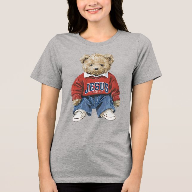 Jesus Loves Me, Teddy Bear Tri-Blend Shirt (Front)