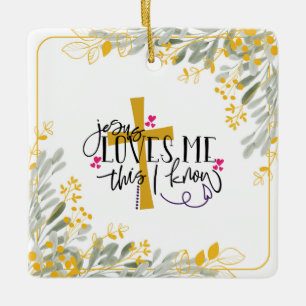 Jesus Loves Me This I Know, Cross and Flowers Ceramic Ornament
