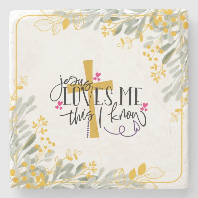 Jesus Loves Me This I Know, Cross and Flowers Stone Coaster (Front)