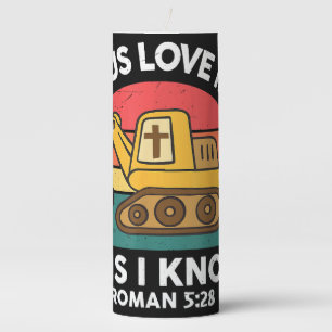 Jesus Loves Me This I Know Excavator Christian Pillar Candle