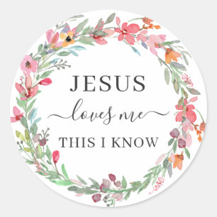 Jesus Loves Me Watercolor Floral Wreath Classic Round Sticker