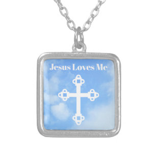 Jesus Loves Me White Cross in the Sky Light Blue Silver Plated Necklace