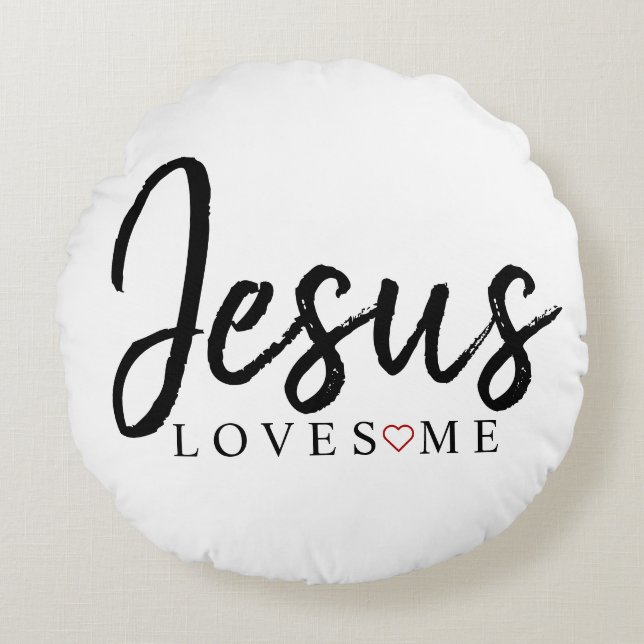 Jesus Loves Me with red heart | Round Pillow (Front)