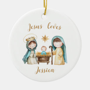 Jesus Loves Personalized Kid's Name Nativity Scene Ceramic Ornament