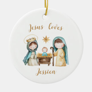 Jesus Loves Personalized Kid's Name Nativity Scene Ceramic Ornament
