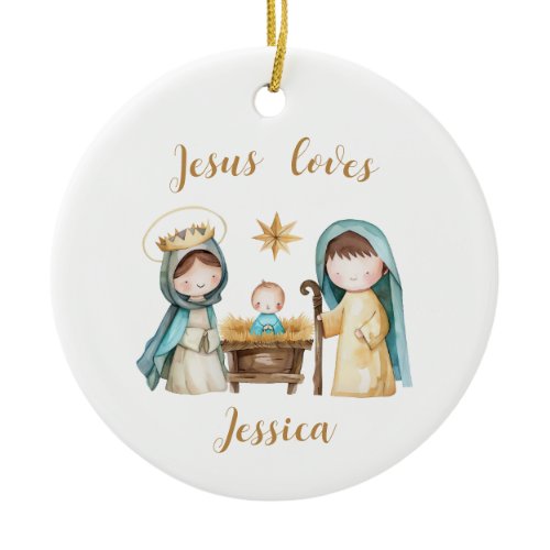Jesus Loves Personalized Kid's Name Nativity Scene Ceramic Ornament