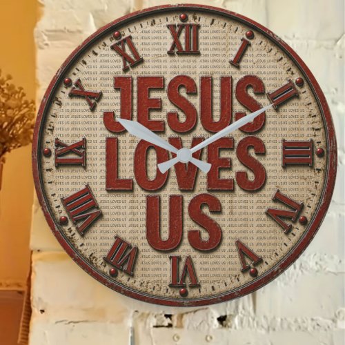 Jesus Loves Us Vintage Rustic Christian Large Clock