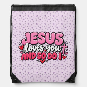 Jesus loves you and so do I Drawstring Bag