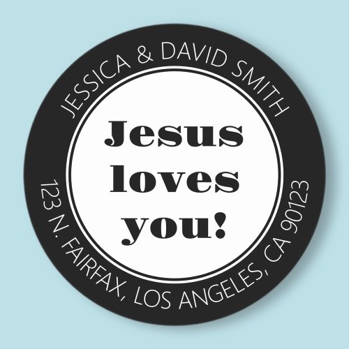 Jesus Loves You  Black  White Return Address Classic Round Sticker