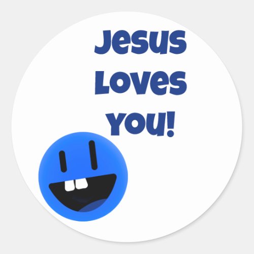 Jesus loves you blue happy face classic round sticker