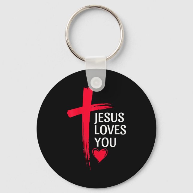 Jesus Loves You Christian Love Cross Heart Design  Keychain (Front)