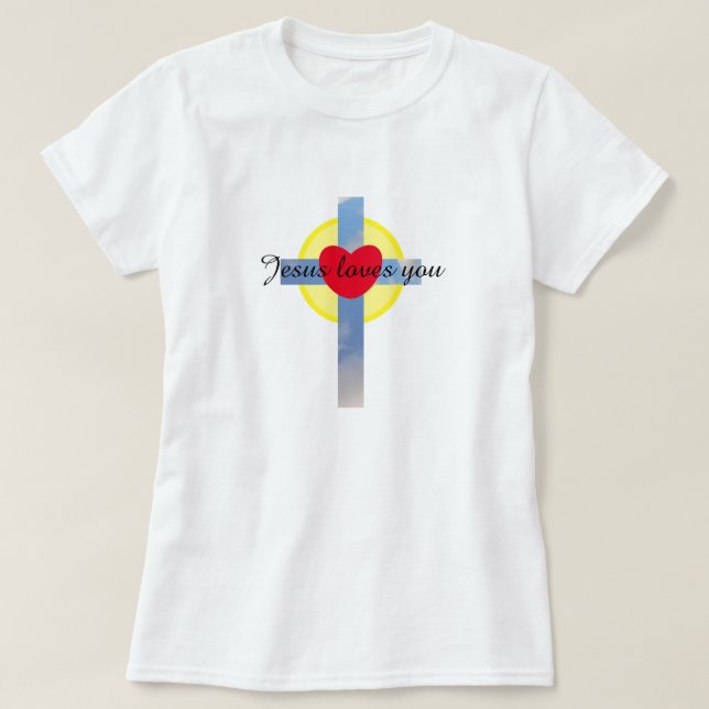 Jesus Loves You Cloudy Blue Cross Sunshine Heart T-Shirt (Design Front)