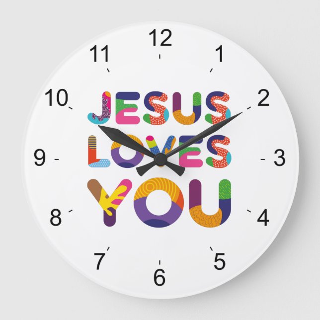 Jesus Loves You Colorful Decorative Text Art Large Clock