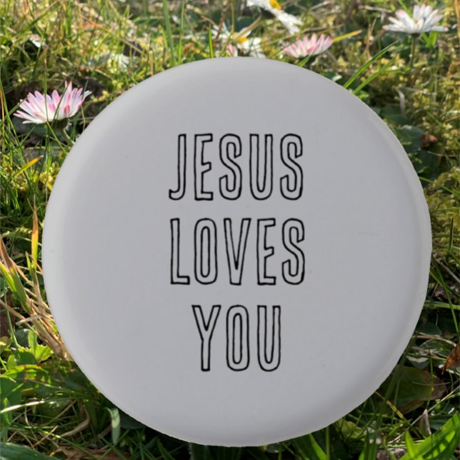 Jesus Loves You Custom Grey & Black Christian Button (Customize this Christian Faith quote "Jesus Loves You" pin on button.  Modern black script on grey.)