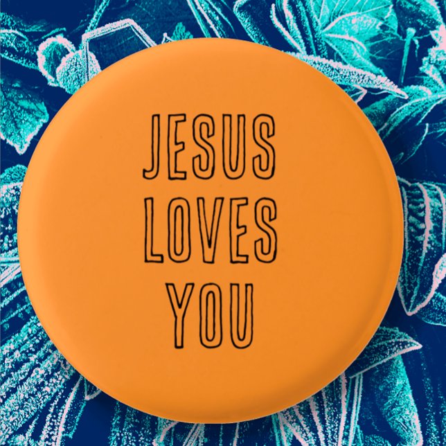 Jesus Loves You Customize Orange & Black Modern Button (Cute orange button with black modern script says "Jesus loves You" great Christian faith church gift)