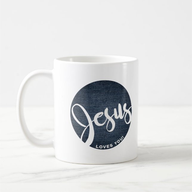 Jesus Loves You Denim Circle Coffee Mug (Left)